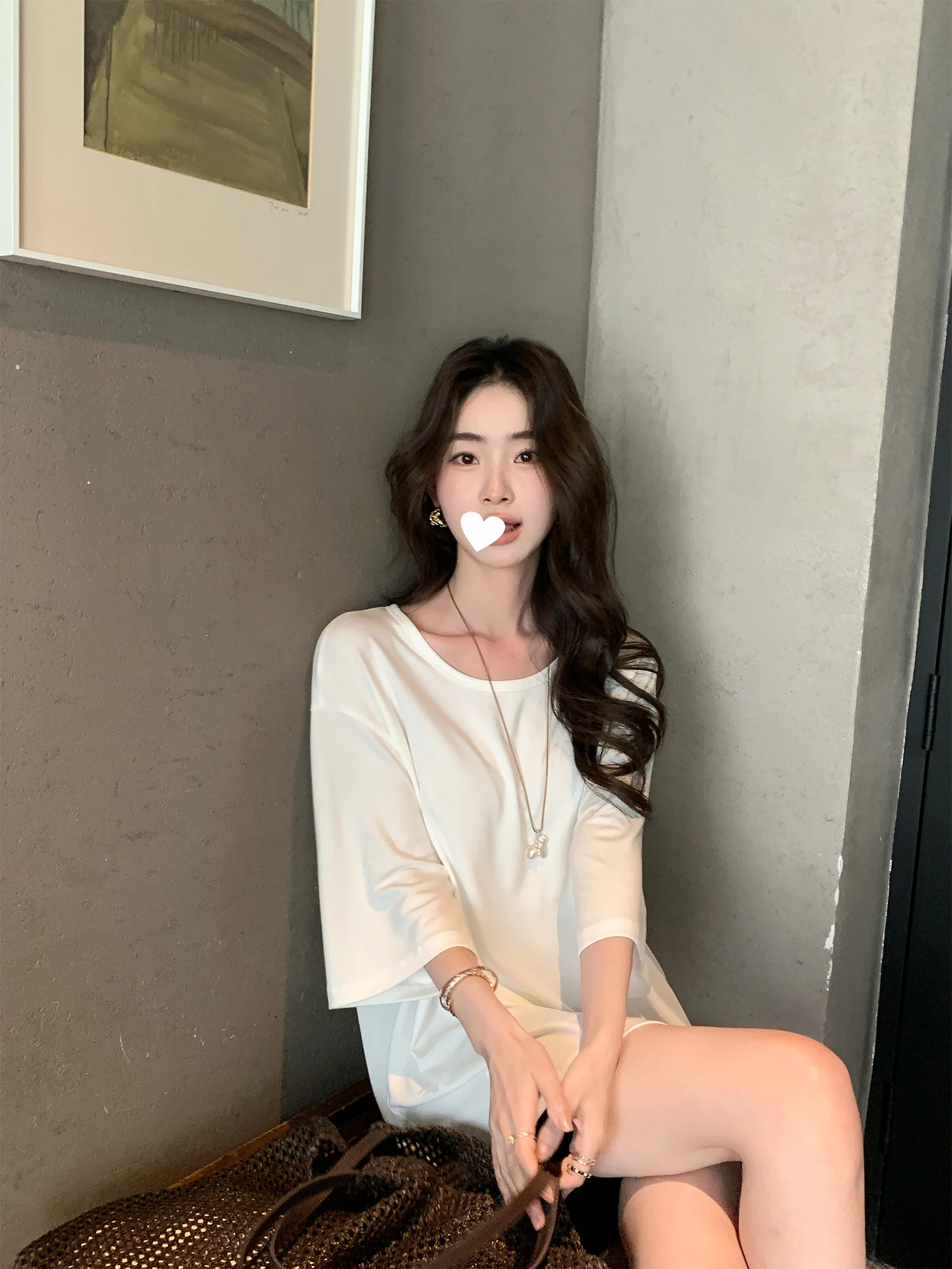 Pusumede Cloud Sleeve T-Shirt Women's Loose Fit round Neck Mid-Length Shoulder-Drop Seven-Quarter Sleeve Casual Style Top