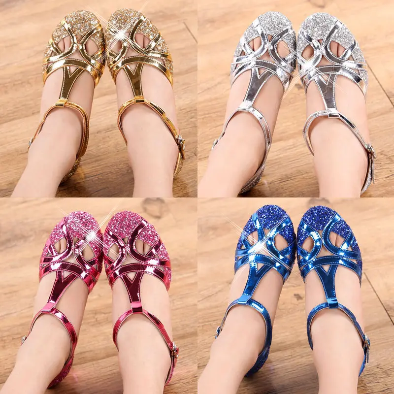 New Arrival Kids Girls Children Glitter Sequin Ballroom Tango Latin Salsa Dance Shoes Closed Toe Low Heel Princess Girls Sandals