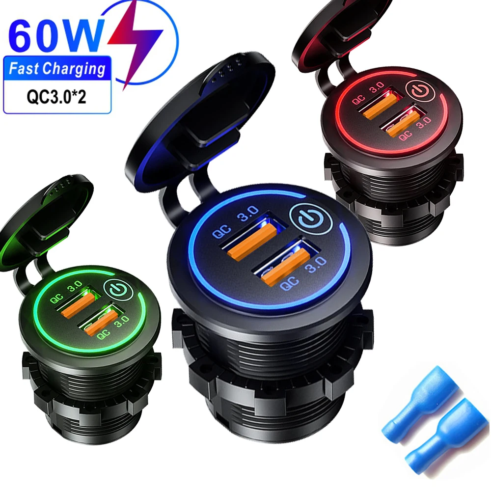 

60W Fast Quick Phone Charger QC3.0 Dual USB Socket Power Outlet With Switch Waterproof 12V-24V For Car Motorcycle Boat