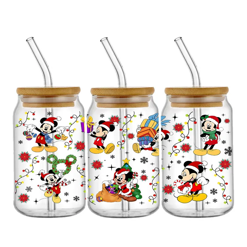 Disney Mickey Stitch Winnie UV DTF Transfer Stickers Christmas For 16OZ Glass Bottle Can Waterproof Cup Wrap Custom DIY Label