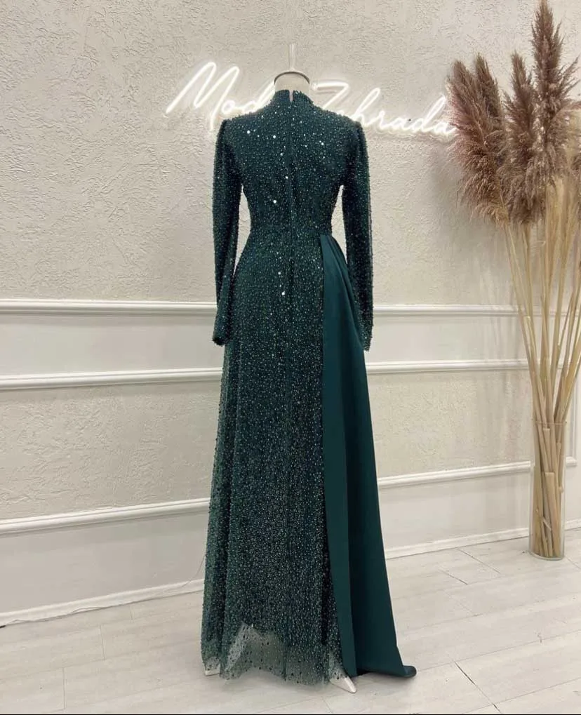 Muslim Prom Dress High Collar Beaded Lace Long Sleeve Sheath Vestidos De Formature with Overskirt