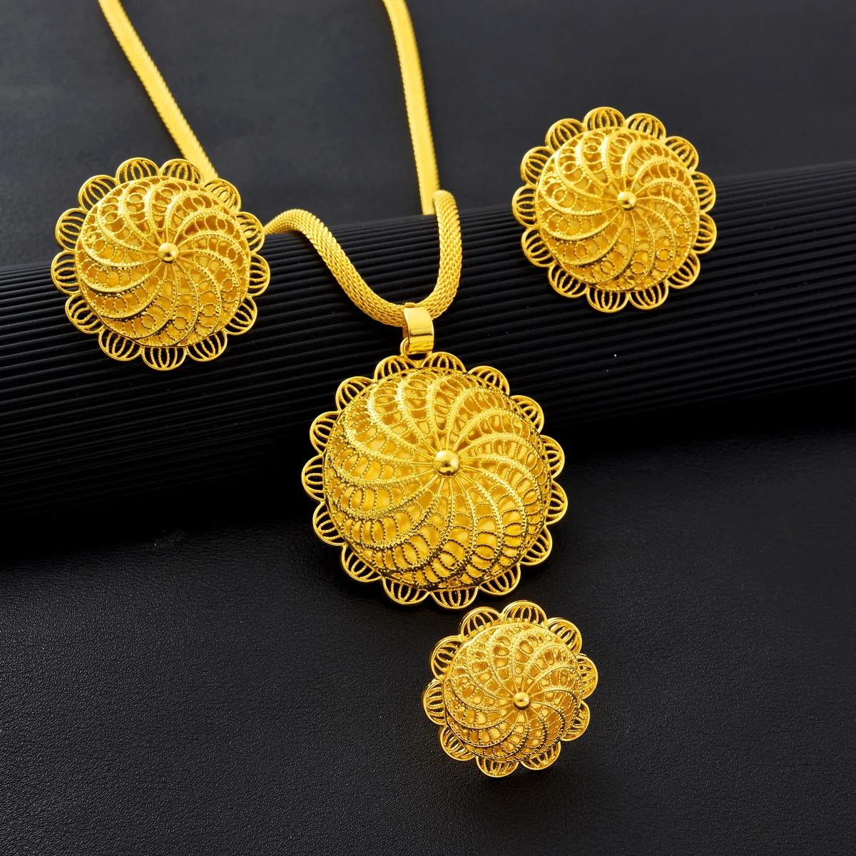 Ethiopian Jewelry sets Hollow out Golden Color Hollow chain 3-Piece Sets African Eritrean Wedding Engagement Ethnic Gifts #127