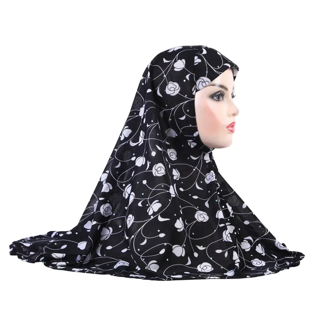 Een Stuk Amira Vrouwen Moslim Print Hijab Tulband Islamitische Gebed Hoed Hoofddoek Khimar Pull Op Sjaal Instant Head Wraps Cap 65*60 cm