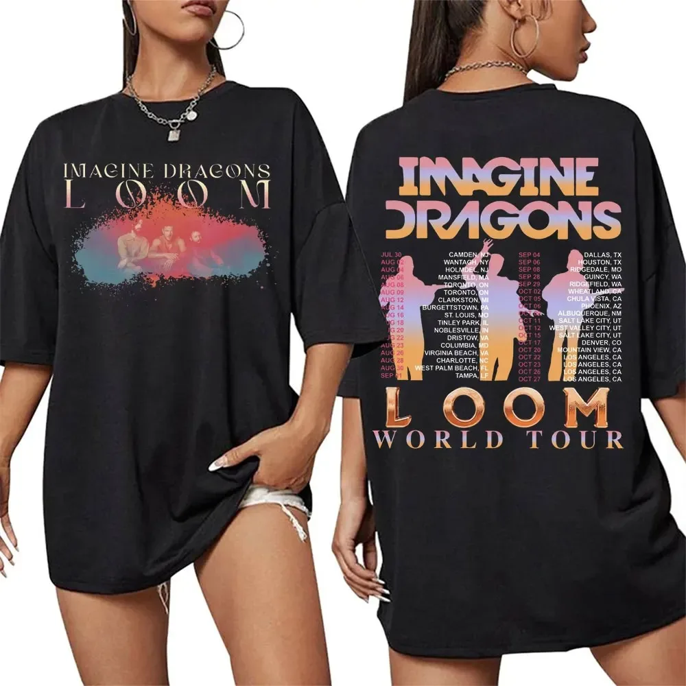 Imagine Dragons LOOM Camiseta com tema gradiente de membro da banda da turnê mundial: base preta com banda visual, texto gradiente e programação turística