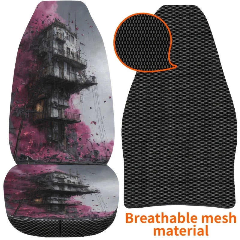 2pcs Honkai Impact Building Print Car Seat Covers, Easy-Clean Fashionable Fun Pattern All-Season Front Seat Protectors, Suitable
