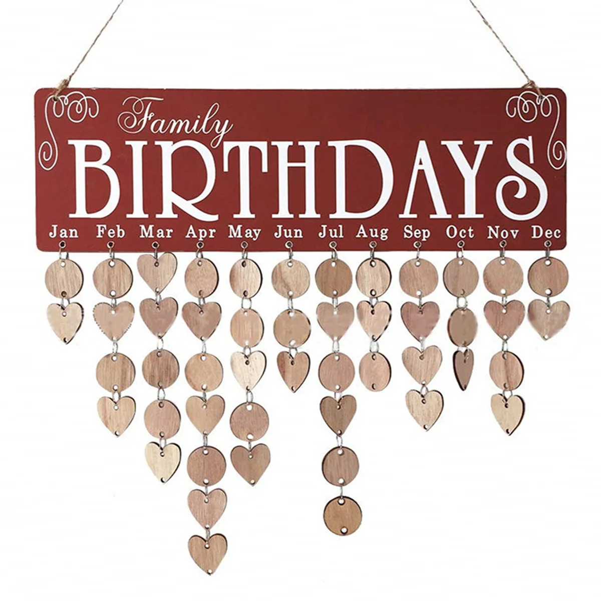 

Wooden Hanging Calendar Reminder Board Red Plaque DIY Birthday Planner Decoration with 50 Round and 50 Heart Pendants Home