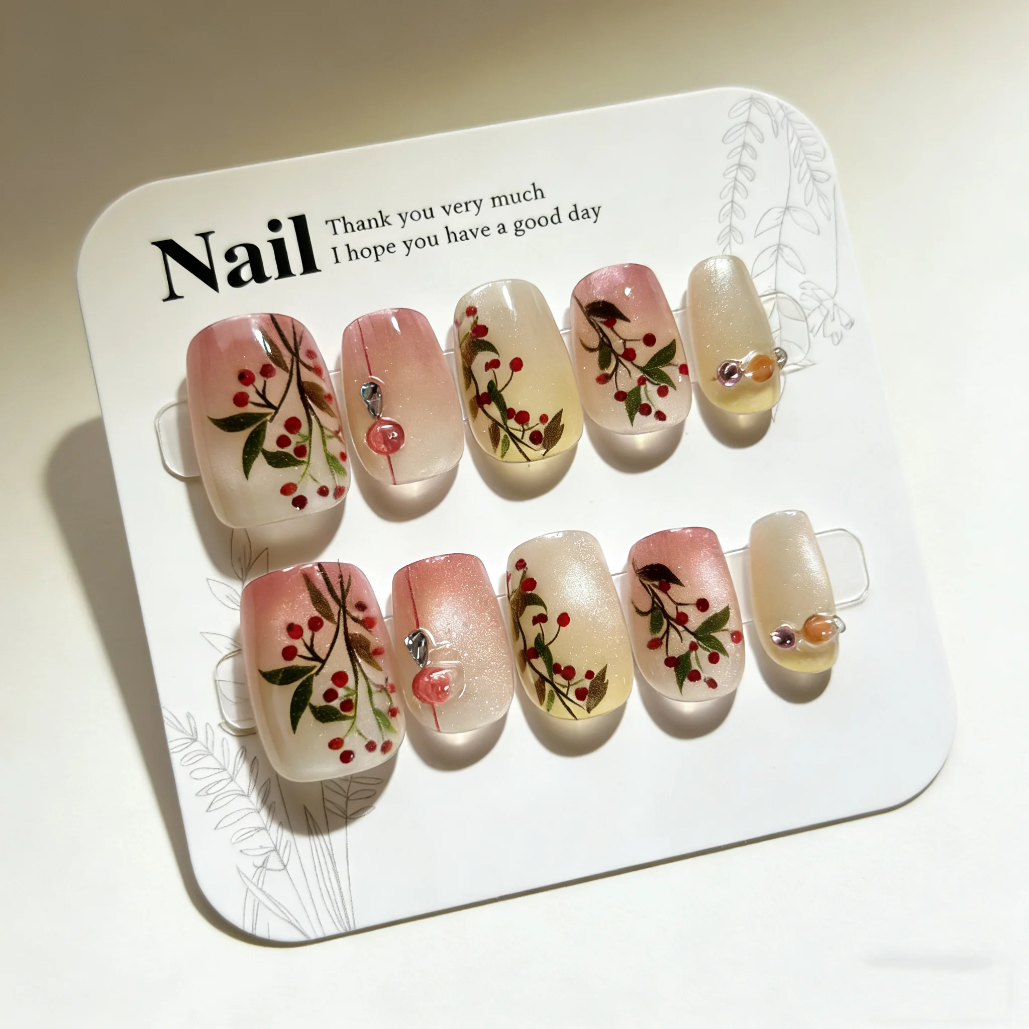 

10 шт. накладных ногтей с принтом китайских красных бобов, розовый градиент, 3D стразы, многоразовые, с блестками, эффект кошачьего глаза