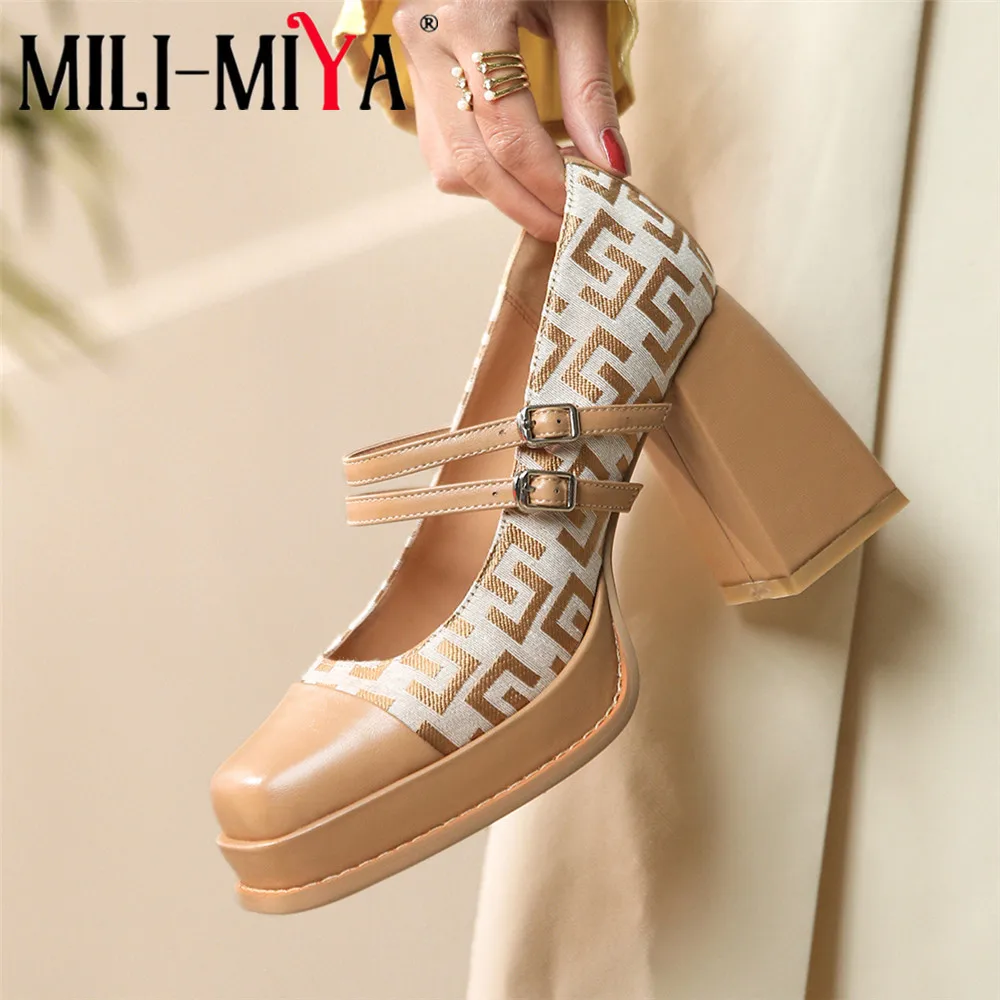 MILI-MIYA Fashion Geometric Patterns Women Cow Leather Pumps Thick Heels Square Toe Buckle Strap Mixed Color Handmade For Ladies