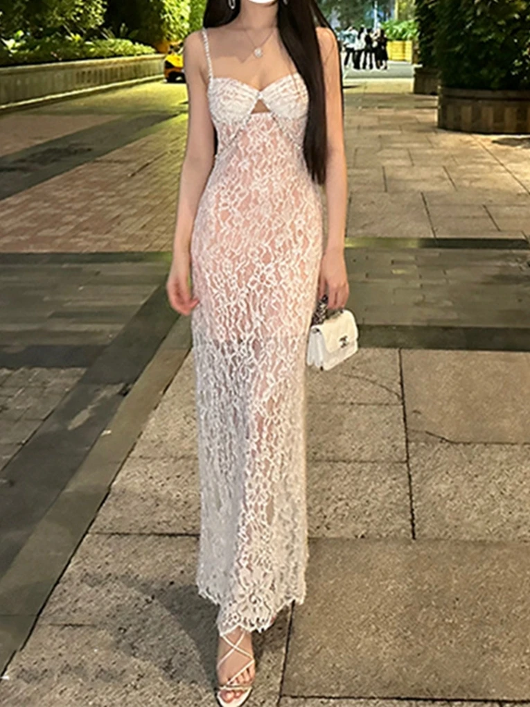 

Элегантное кружевное платье с вырезами, сексуальное, с высокой талией, длинное, с V-образным вырезом, на молнии, облегающее, с бриллиантовой отделкой, белое