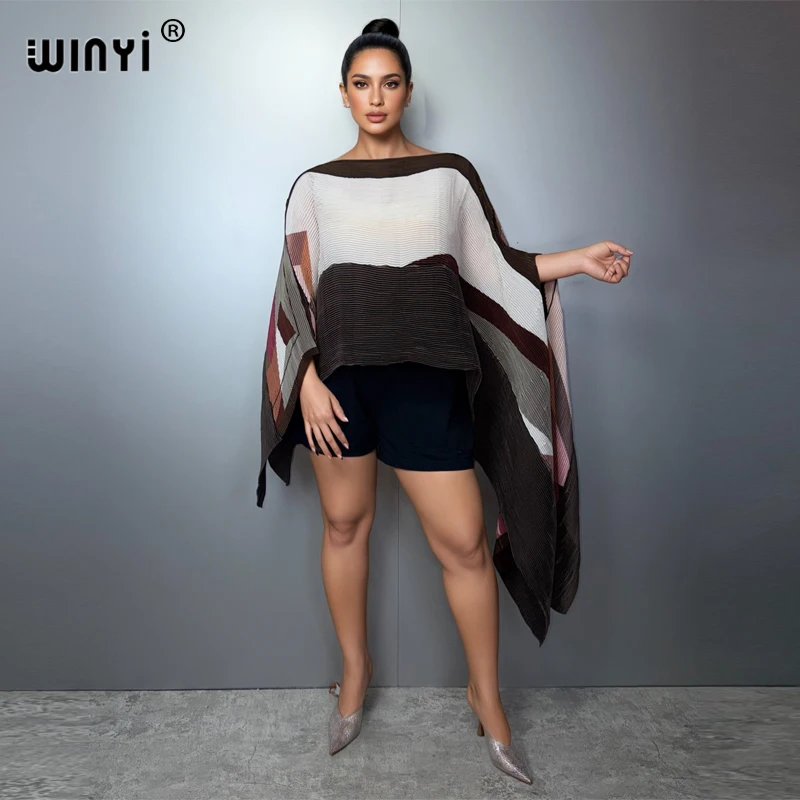 WINYI Women's Pleated Maxi Party Dress Irregular Crumple Design Loose Fit Sexy Evening Gown Poncho Top Robe