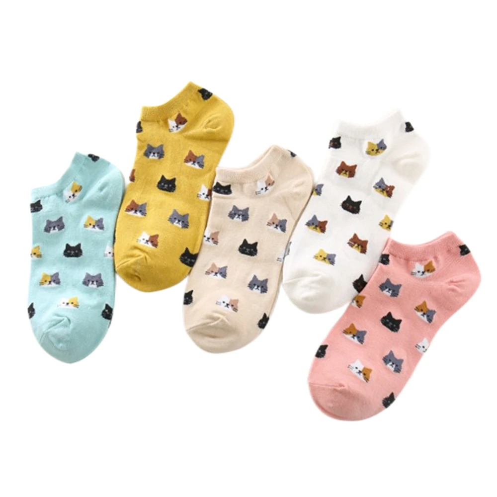 5 Pairs New Cat Face Soft Cotton Cute Fresh Japanese Retro Chic Lovely Kitten Short Ankle Socks Dropship