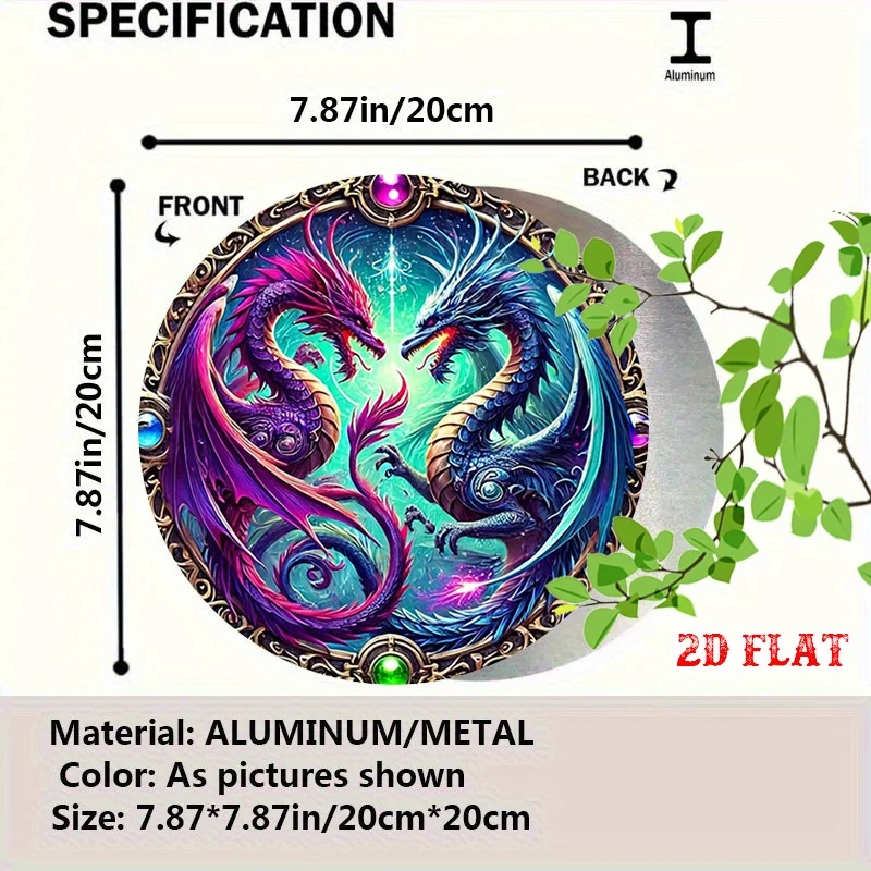 مسطح ثنائي الأبعاد، قطعة واحدة من لوحات فنية جدارية من الألومنيوم على شكل تنين أسطوري - لافتة قصدير معدنية كونية نابضة بالحياة مع إطار كريستالي، ديكور ريفي للمنزل، #2