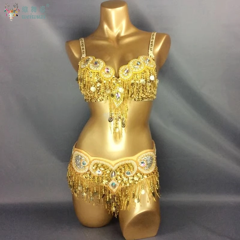 Cintura per reggiseno per costume di danza del ventre orientale 2 pezzi Abbigliamento da ballo ricamato con perline fatte a mano per donne Abiti da ballo egiziani
