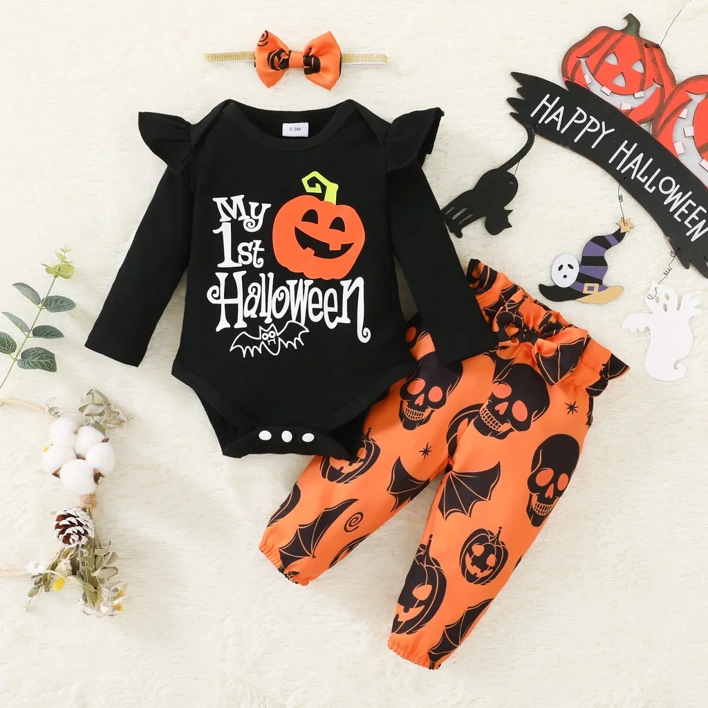 0-18 Months Newborn Baby Girl Halloween 2PCS Clothing Set Pumpkin Long Sleeve Bodysuit+Skull Pants+Headwear Holiday Outfits 