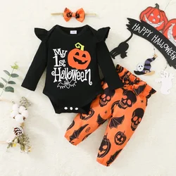 0-18 Months Newborn Baby Girl Halloween 2PCS Clothing Set Pumpkin Long Sleeve Bodysuit+Skull Pants+Headwear Holiday Outfits  ﻿