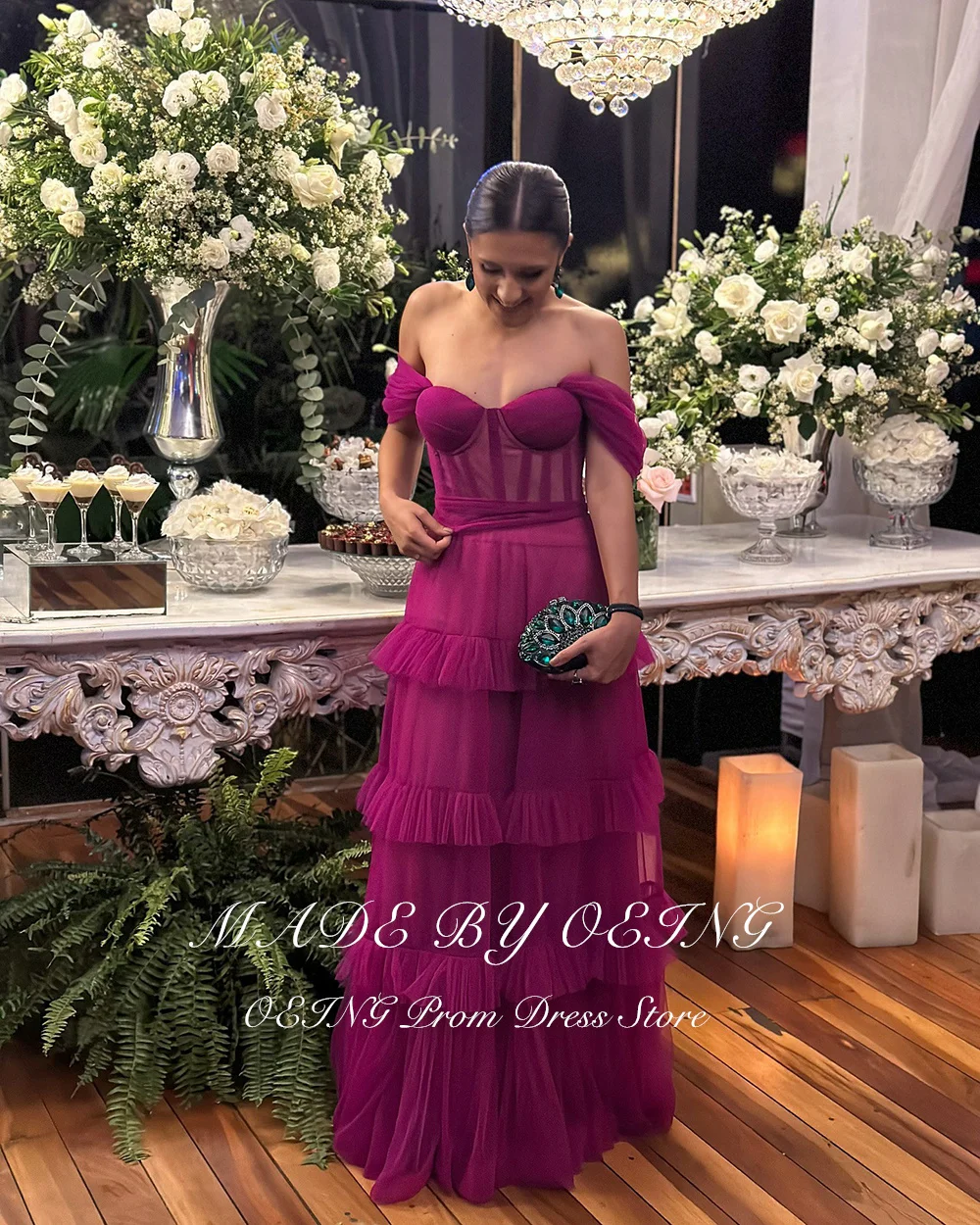 OEING Purple Tiered Tulle Layers Long Prom Dresses Off The Shoulder Party Dress Floor Length Evening Gown robes de soirée