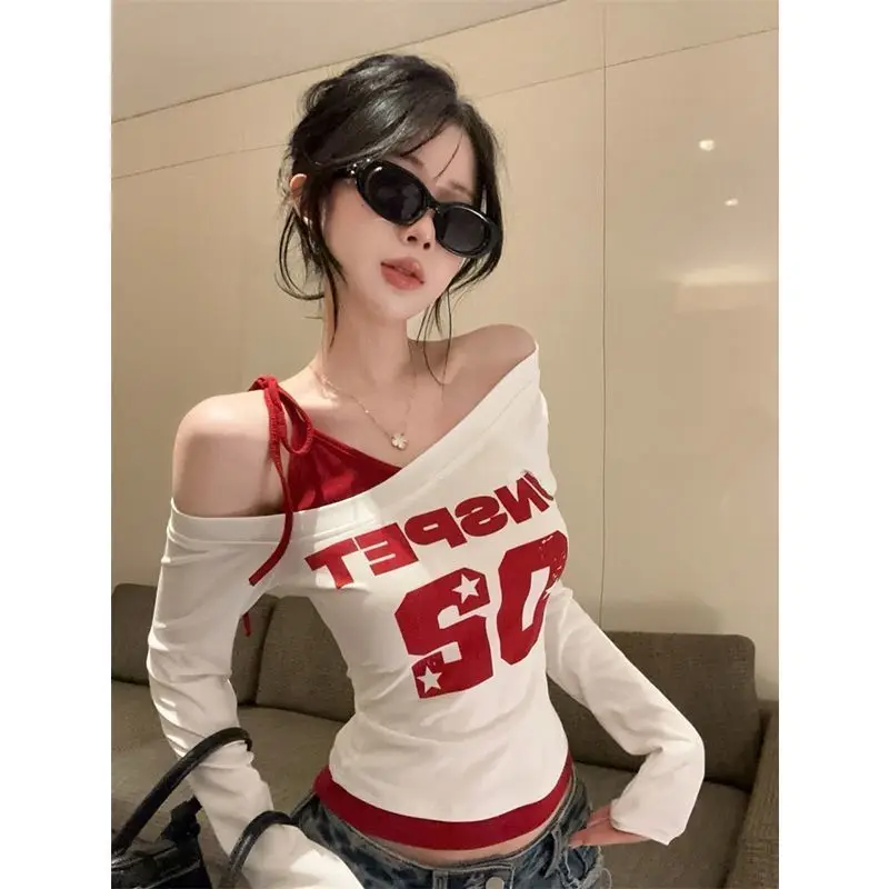 Spring and Autumn New Women's Clothing New Printed Sexy Slim Fake Two-piece Slant Neck Off-Shoulder Strap Long Sleeve T-Shirt