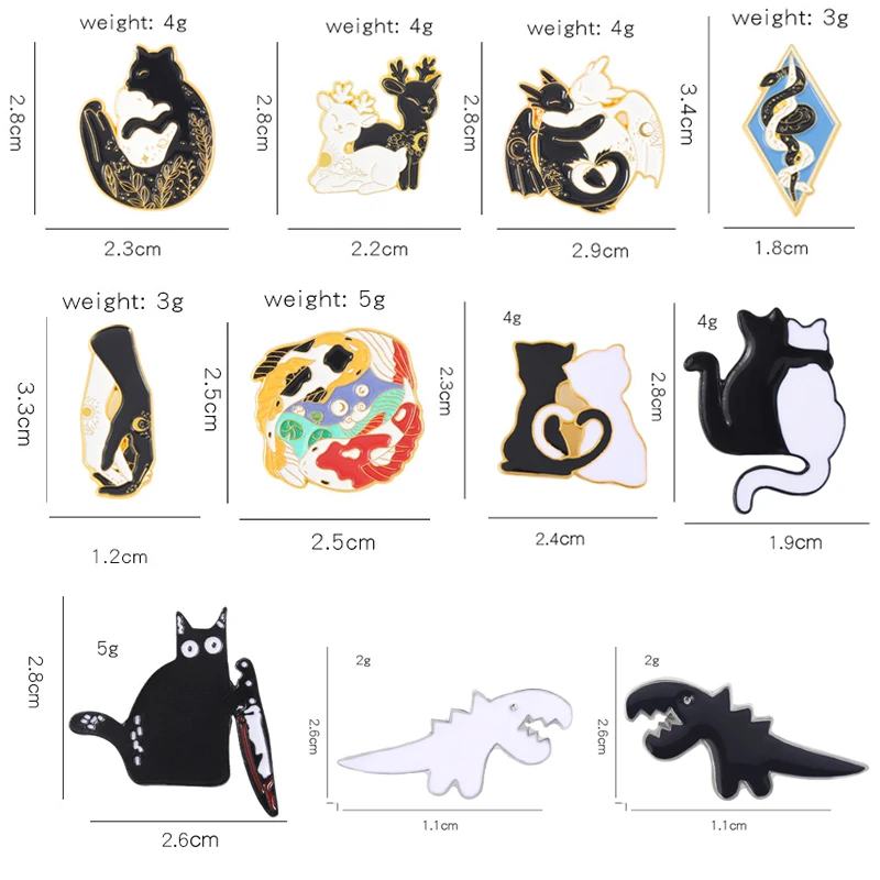 Creative Trendy Cartoon Black White Cat Dinosaur Oil Drop Lapel Brooch Badge Pin Denim Bag Gift Men Women Fashion Jewelry