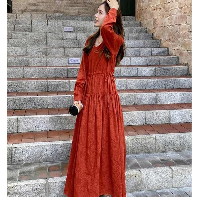 Harajuku Vintage Art Black Gown For Women New Spring Autumn Shirring Red A-line Skirt Japan Mori Girl Basics Office Commut Dress
