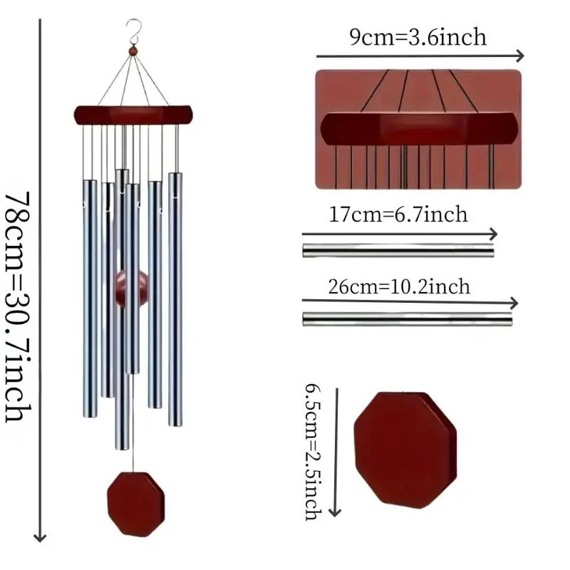 1Pc 6 Metal Tubes Courtyard Corridor Balcony Decor Retro Red Wood Aluminum Pipes Wind Chime Octagonal Wood Hang Tag