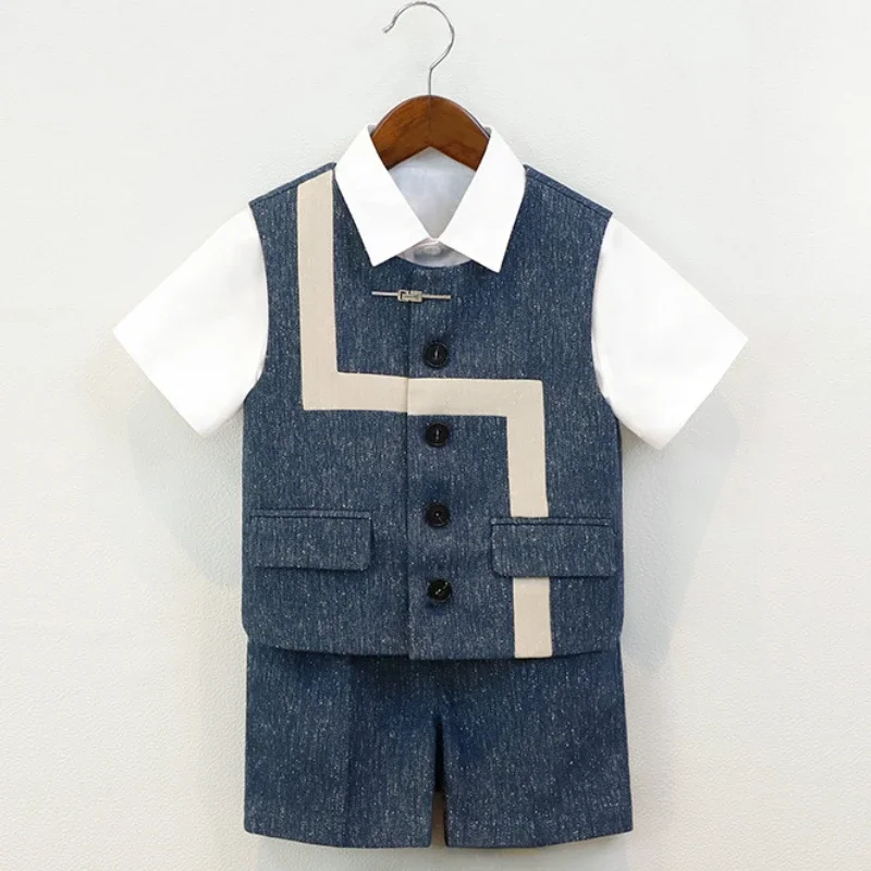 Little Gentleman Wedding Birthday Vest Set Summer Toddler Boys Shorts Suit Elegant Formal Kids Piano Stage Performance Outfit