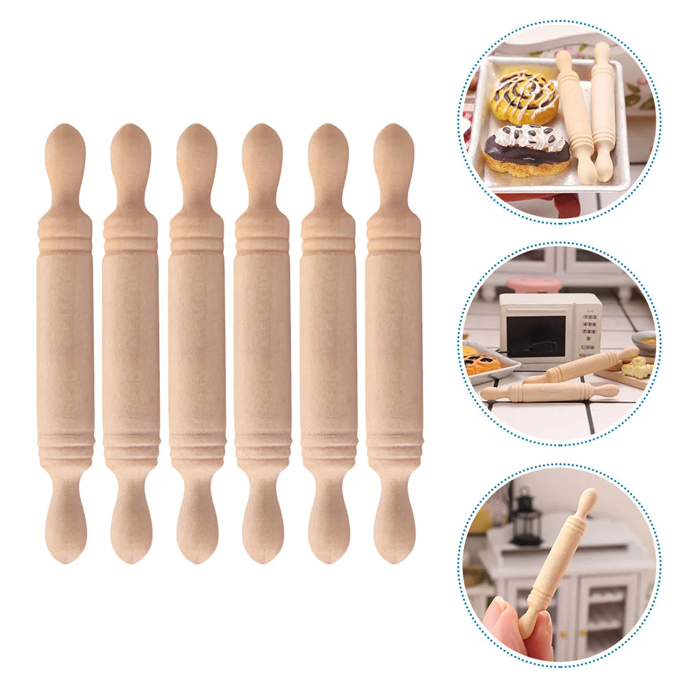 

6 Pcs Toy House Mini Wood Rolling Pin Roller Things Simulation Stick Wooden Tiny Craft Child