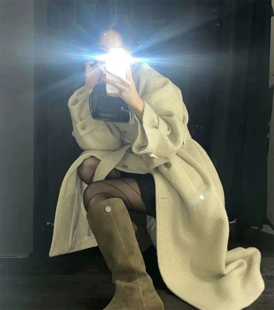 

Faionable Long Woolen Coat Loose ape Outerwear PREON Brand Commute Sle High Waist pe Regular Sve Winter Coat