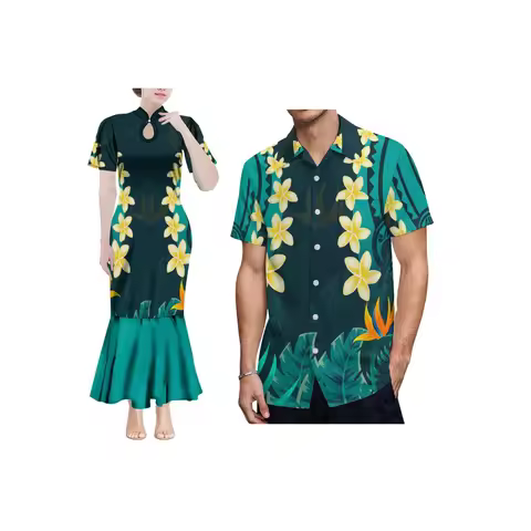 New Arrivals Custom Pacific Island Design Mandarin Collar Short Sleeve Ladies Dress Water Drop Design Fishtail Evening Dress