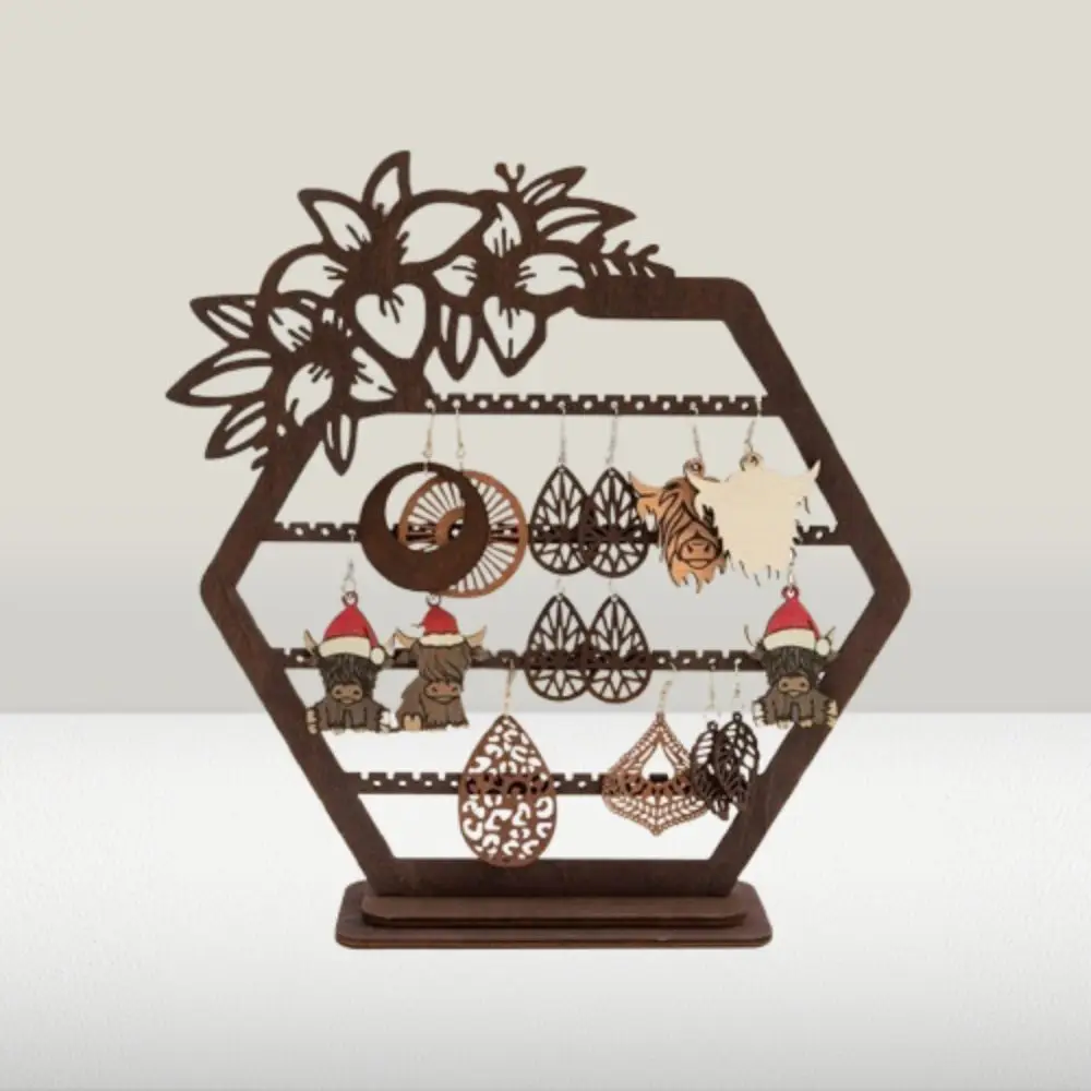 Vintage Wooden Earring Holder Anti-slip Hollowed Out Flower Jewelry Storage Holder Space Saving Tabletop Organizer Rack