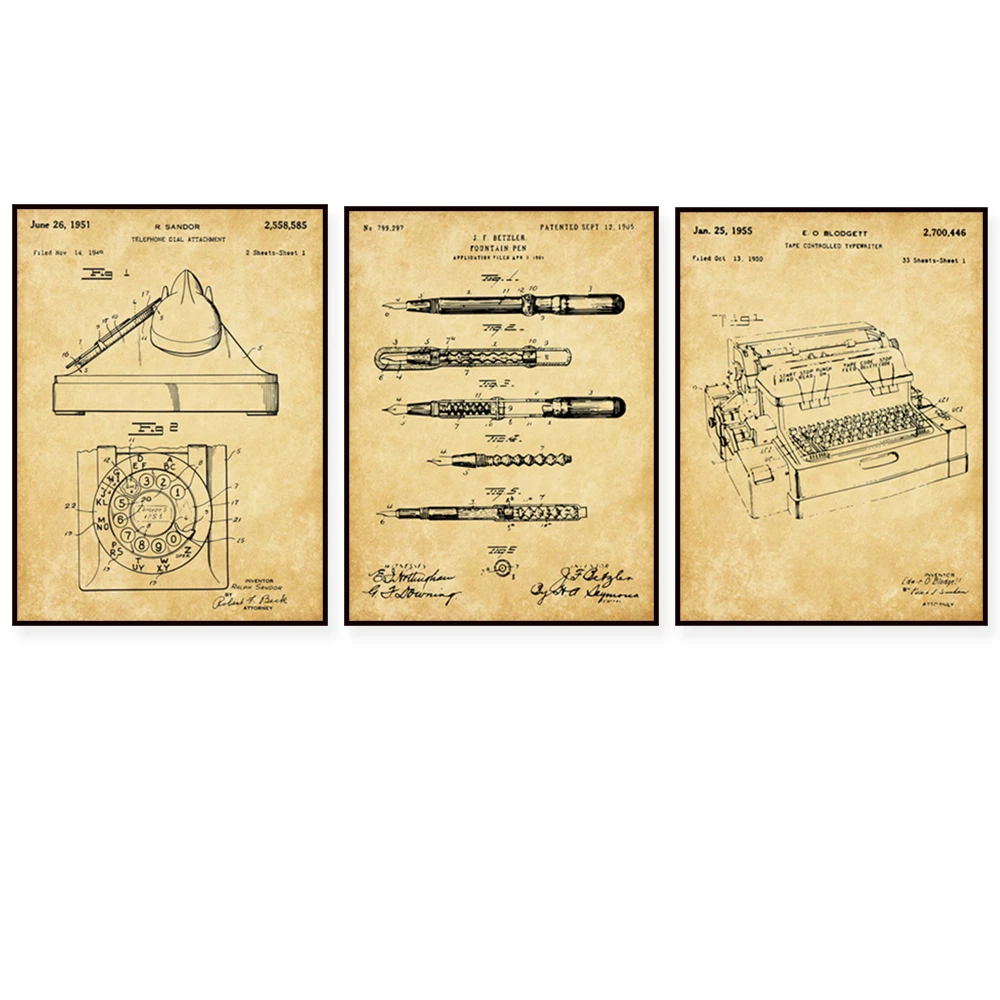 Office patent printed matter 4-piece set, accounting poster, office art, business management, pen, typewriter, office lamp poste