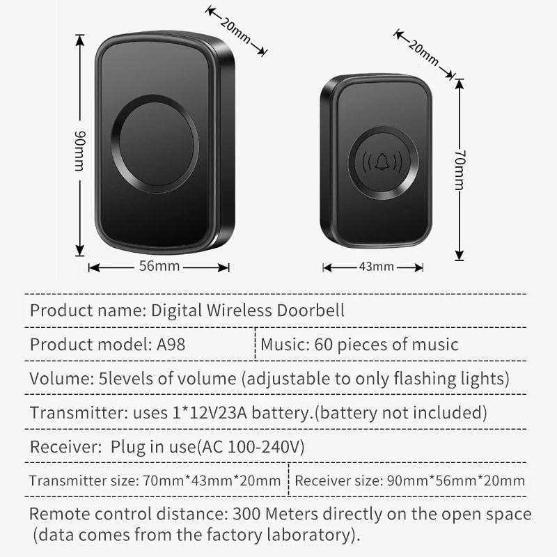 CACAZI Intelligent DC Wireless Doorbell Sets Waterproof Outdoor Button 60 Ringtones 300 Meters Door Bell Without Battery Chimes