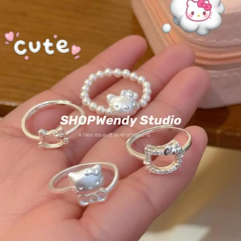 

Girl Heart Hello Kitty Anime Fashion Miniso Kawaii Sterling Silver Ring Cute Cartoon Adjusted Rings Decoration Gifts for Girls