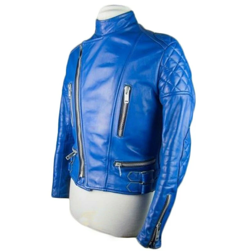 Men's 100% Blue Designer Genuine Lambskin Leather Jacket Biker Quilted Zipped Up