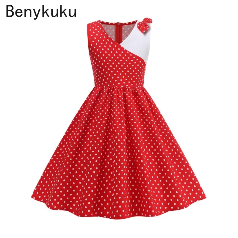 Meninas crianças vermelho preto bolinhas vestido de princesa para o verão 2025 sem mangas arco festa aniversário bud vestidos moda crianças roupas