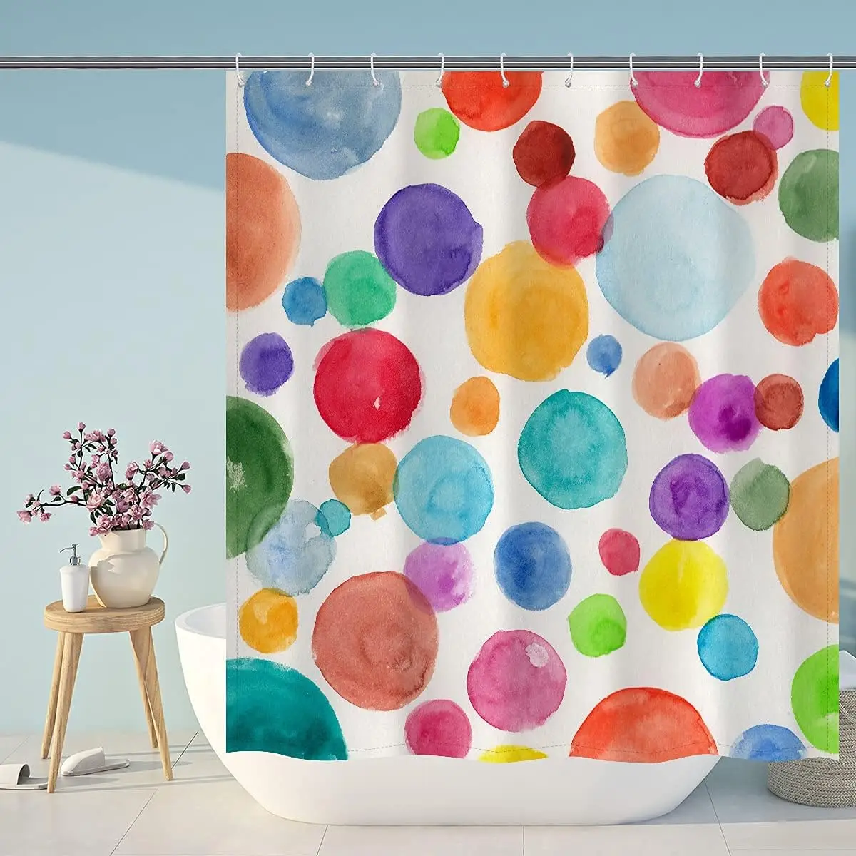 

Watercolor Polka Dot Shower Curtain – Rainbow Circles, Playful Kids Bathroom Decor 12PCS Hooks 71X71Inch