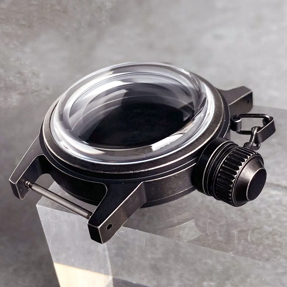 36mm Black/Silver Watch Case Domed Sapphire Crystal Big Crown For Frogman Style Fit NH35 NH36 ETA2824 PT5000 20ATM Screw Crown