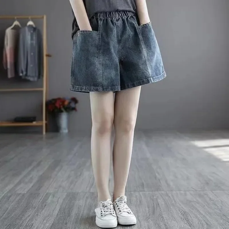 Dames Oversized Denim Shorts Met Hoge Taille Korte Feminina Retro Art Contrasterende Kleur Losse Zak Nieuwe Wijde Pijpen Damesbroek