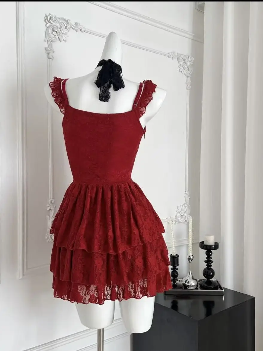 Feminino verde estilo fada vestido fino ajuste cinta de espaguete renda plissado hem malha vintage retalhos elegante kawaii roupa estética