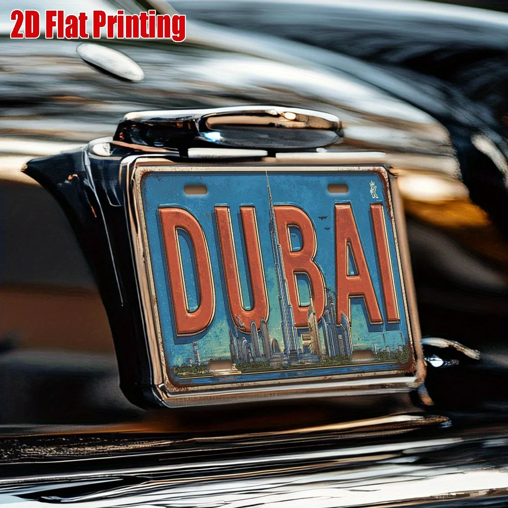 Dubai Metal License Plate - Retro UAE Cityscape Wall Decor with Dubai Skyline, Large  Aluminum Sign for Garage, Cafe, Home, Offi