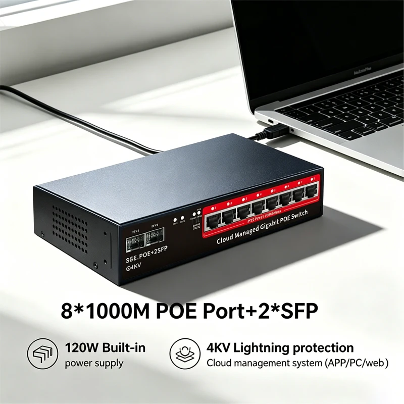 

Gigabit 8 Port Cloud Managed PoE Switch 1000Mbps with 2 SFP 120W Built-in Power One-Key VLAN/Extended Mode for IP Camera Network