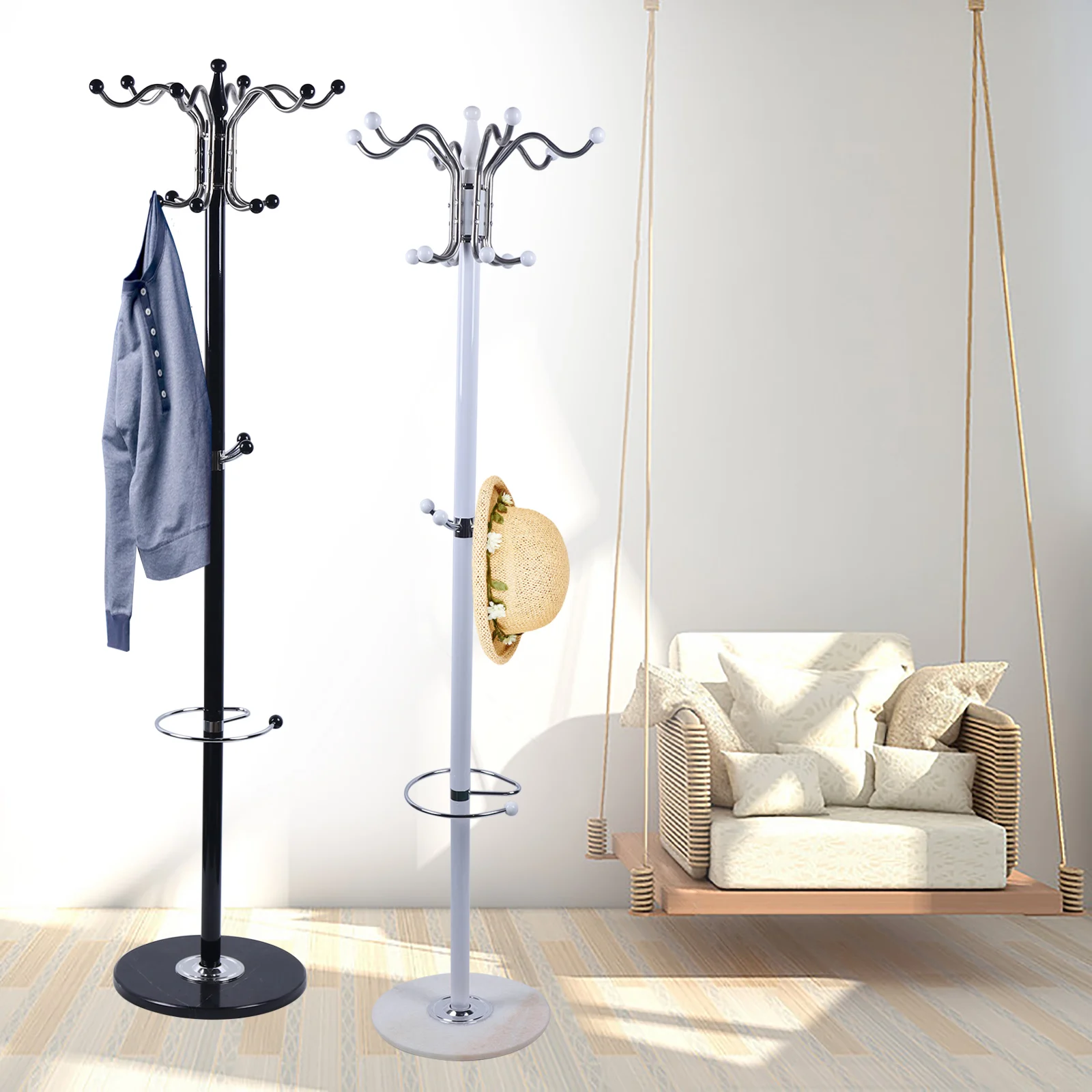 170cm Hat Jacket Stand Tree Holder Hanger Rack w/Marble Base with 16 Hooks black/white