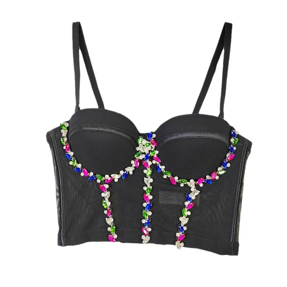Sexy Rainbow Crystal Fishbone Corset Bustier - Stretchy Mesh Backless Bustier Top with Beaded Details for Women Underbust