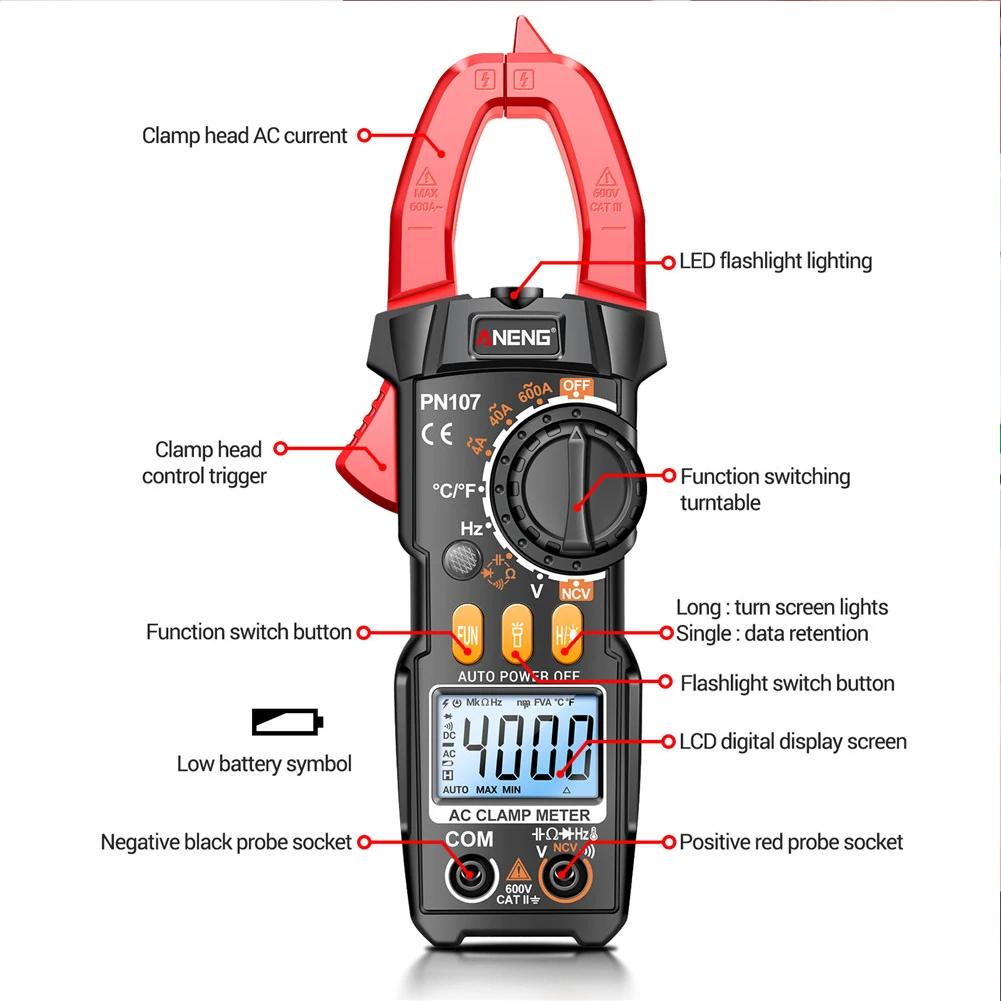 ANENG PN107 Digital Clamp Meter AC/DC Voltage Temperature Test Multitester True RMS 4000 Count Electrical Multimeter Tester Tool