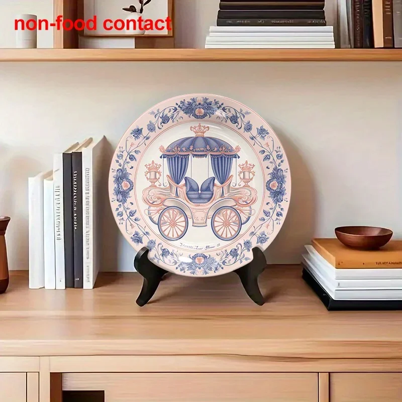 1pc Vintage Carriage & Floral Ceramic Hanging Wall Art Plate - Pastel Pink & Blue Decorative Tray, Non-Food Contact Decoration