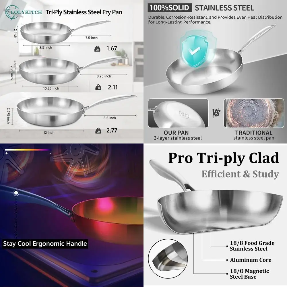 

3-Piece Stainless Steel Fry Pan Set, 8-12 Inch, Induction Ready, Dishwasher Safe Cookware for All Stoves