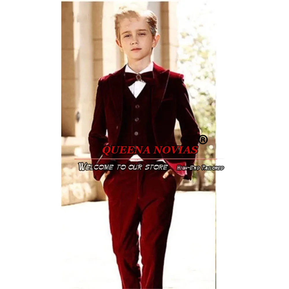 Boys Suits For Weddings Burgundy Velvet Jacket Vest Pants 3 Pieces Children Party Dress Kids Formal Tuxedos Tailor-Made Clothing