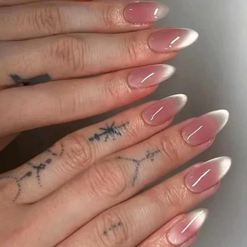 

Shimmering Cat Eye Long Pointed Fake Nails Art Bowknot Glitter Powder Simple Almond False Nails Charms Press on Nails Manicure