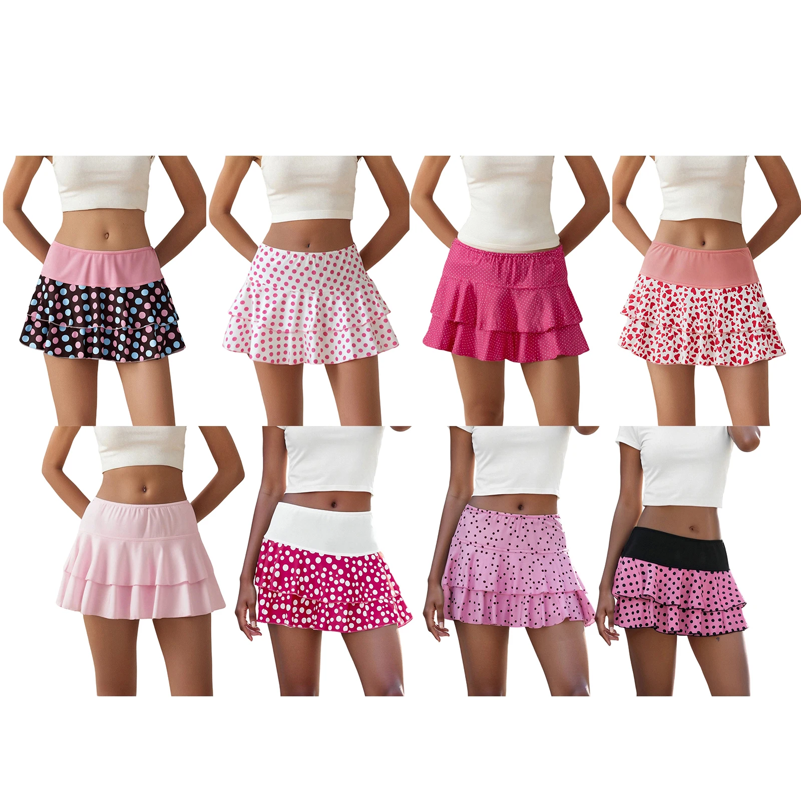 Women Summer Dots Stripe Heart Print Solid Color High Waist Short Skirts 2026 Sexy Layered Ruffle Mini Skirts