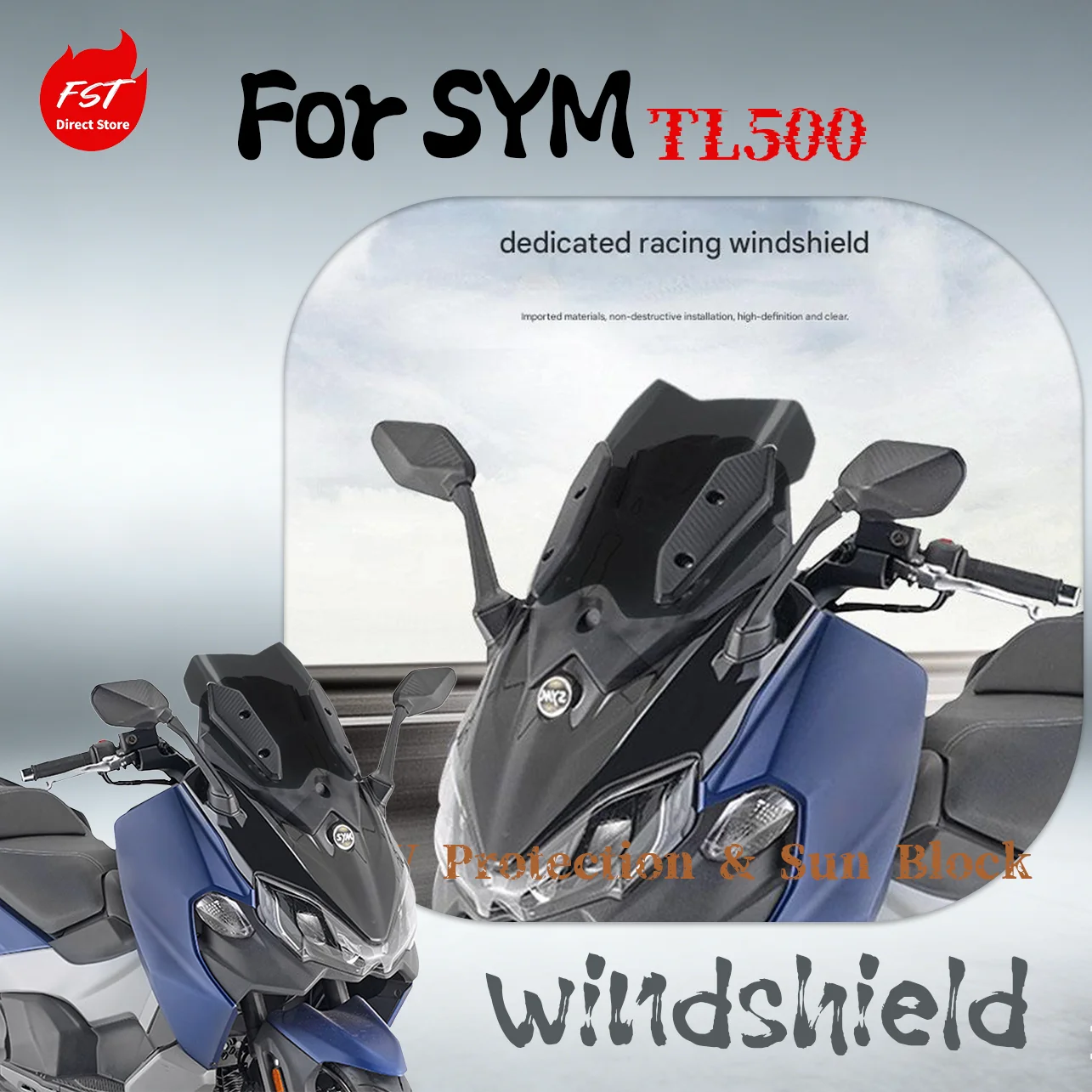 Racing Windshield with Chest Guard for SYM MAXSYM TL500 TL508, Thickened Modified Front Wind Screen, UV Protection, Windproof, P