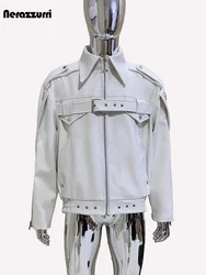 Nerazzurri Spring Autumn Cool Handsome White Pu Leather Jacket Men Turn-down Collar Zipper Luxury Designer European Clothes 2024